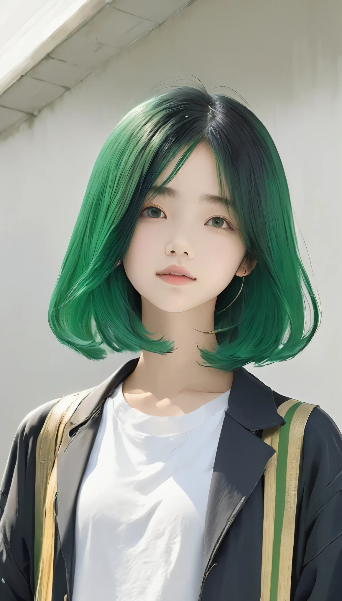 masterpiece、White Background、18-year-old female、Black and green hair girl、Casual attire such as a black or green jacket、Black-haired、Waist-length hair、Character setting diagram、The tips of the hair are golden、