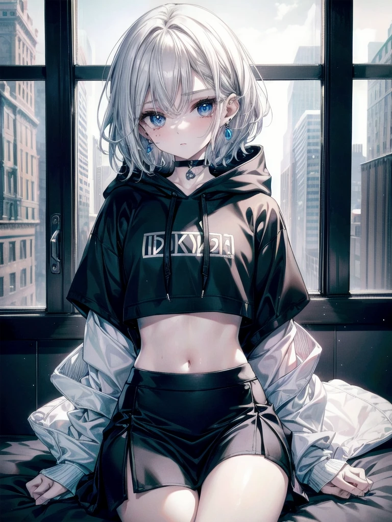 crop top, hoodie, mini skirt, absurdres, RAW photo, extremely delicate and beautiful, masterpiece, Best Quality, ultra high resolution, 32k, hyperrealistic, ultra-detailed, detailed description, pale skin, 20 years old, tearful mole, earring, short medium hair, wavy hair, whole body shot,