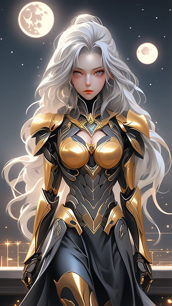 Girl with long silver hair, golden eyes, silver forehead protector, black armor, chest, cleavage, iron armor, skirt, iron boots, whole body, long sword, night sky, moon