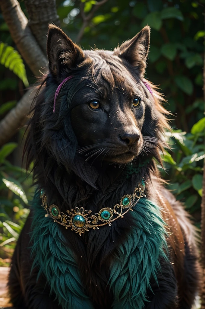 Desenhe um personagem em 2D inspirado na natureza, with animal characteristics and fantastic elements. It should convey a sense of serenity and mystery. Use vibrant colors and intricate details to create a unique, captivating piece that tells a story in its own right.