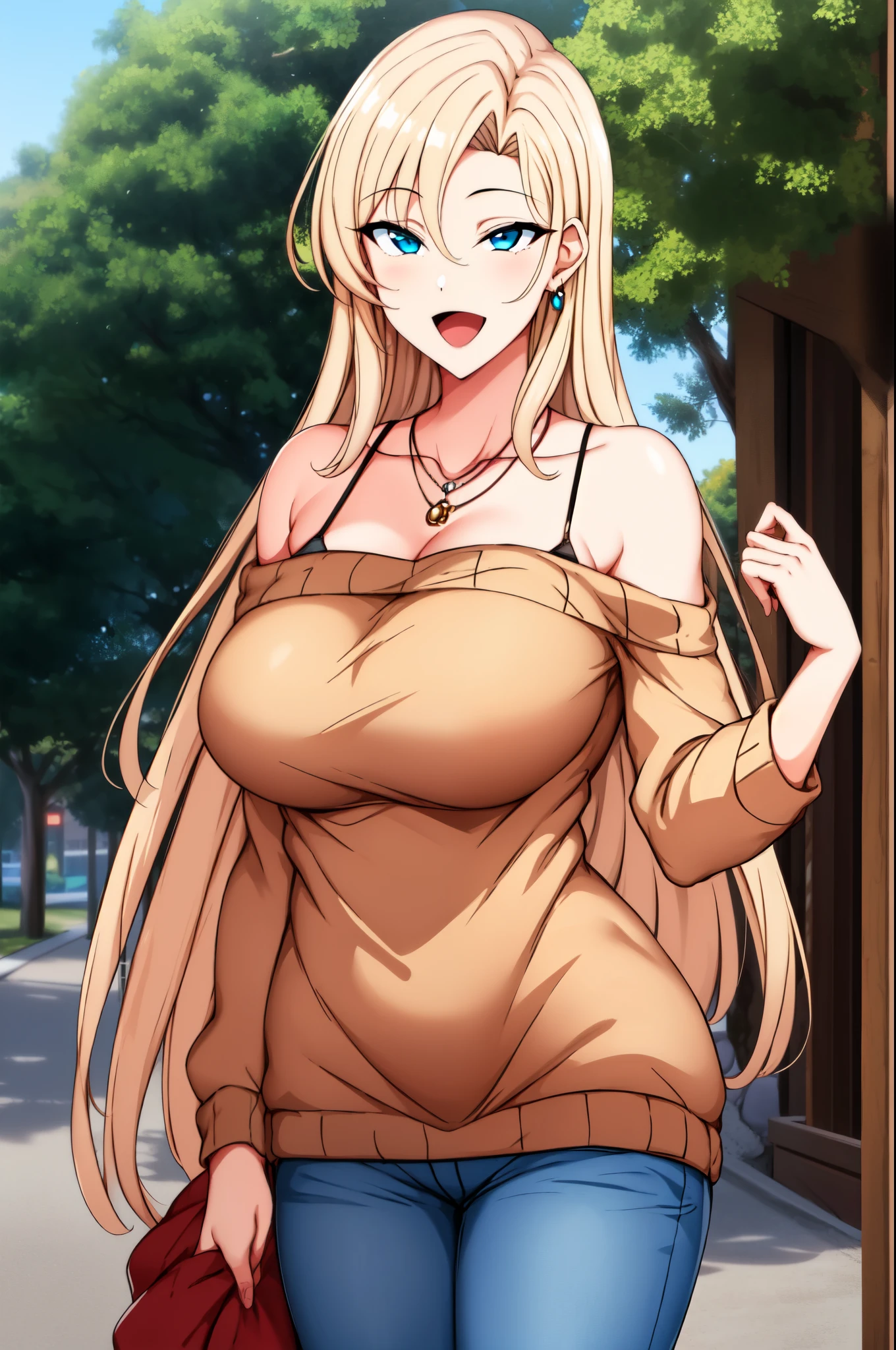 1girl, breasts, solo, blonde hair, jewelry, blue eyes, long hair, sweater, necklace, smile, large breasts, topless, nude nipples, , looking at viewer, pants, cleavage, bare shoulders, earrings, , outdoor, park, tree, bra, cowboy shot, jeans, bra strap, denim, :d, collarbone, long sleeves, hair between eyes, brown sweater, standing, closed mouth