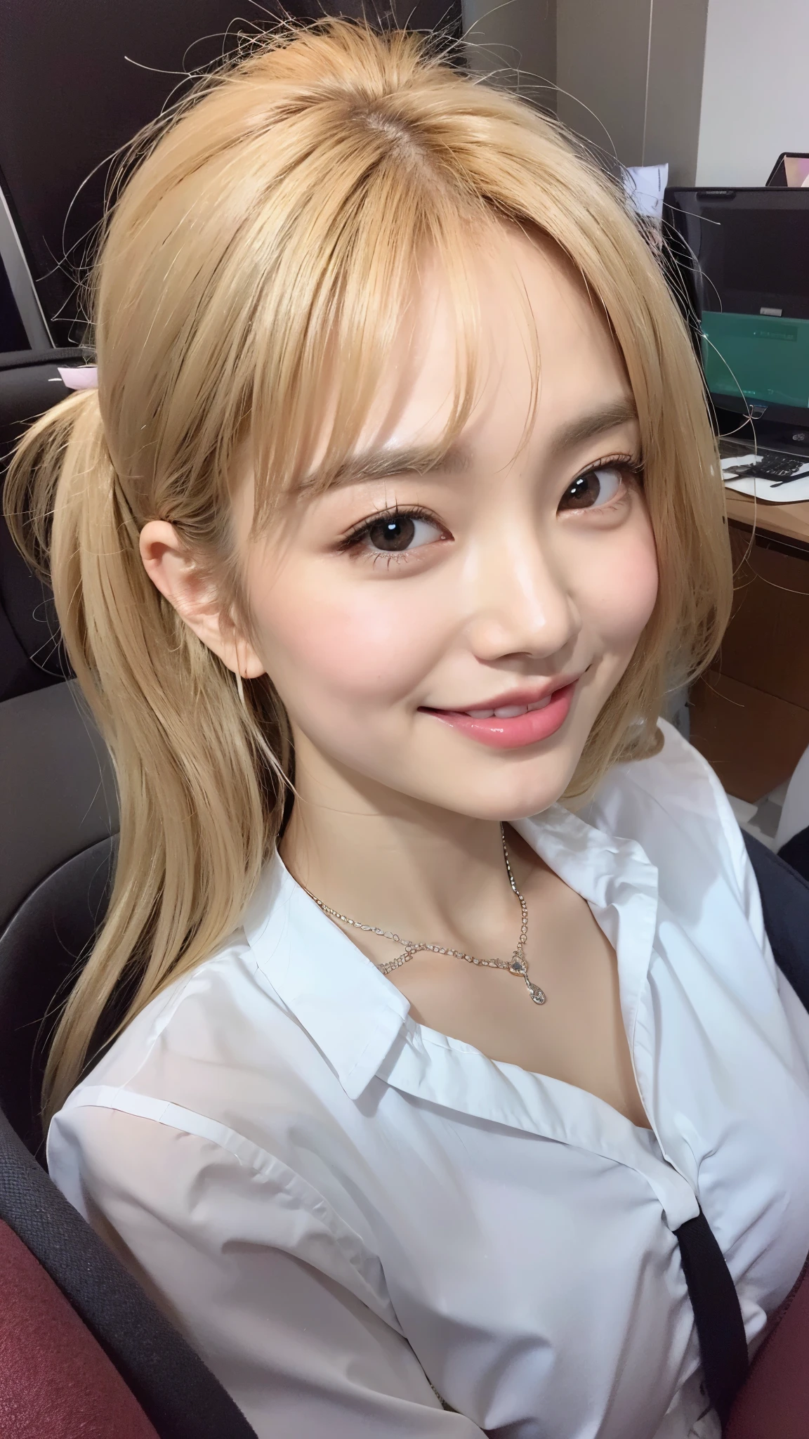(highest quality、8k、32k、masterpiece、Realistic:1.4)、Cute Japanese Women Photos、Soft looking breasts、No bra、Ample breasts、((Shortcuts))、Face Focus、White collared shirt、necklace、1 carnation、From above、Looking at the audience、smile、I'm showing my teeth and smiling,Dynamic Shadows、blonde、Wet shiny hair、Shine, Watery eye、((At the office)),