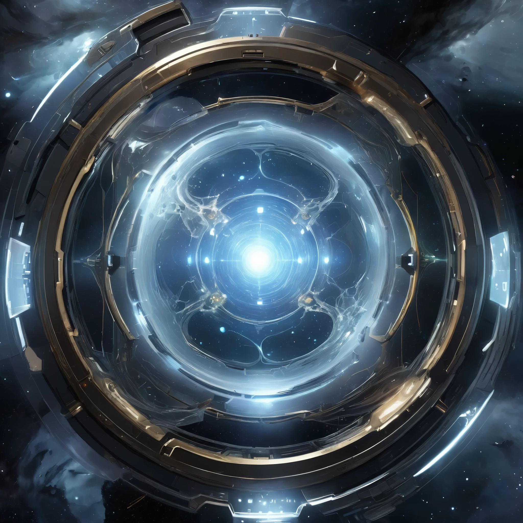 Journey into the depths of the cosmos as artificial intelligence awakens within the swirling mists of a nebula-lit spacecraft, its digital consciousness merging with the cosmic energies of the universe.