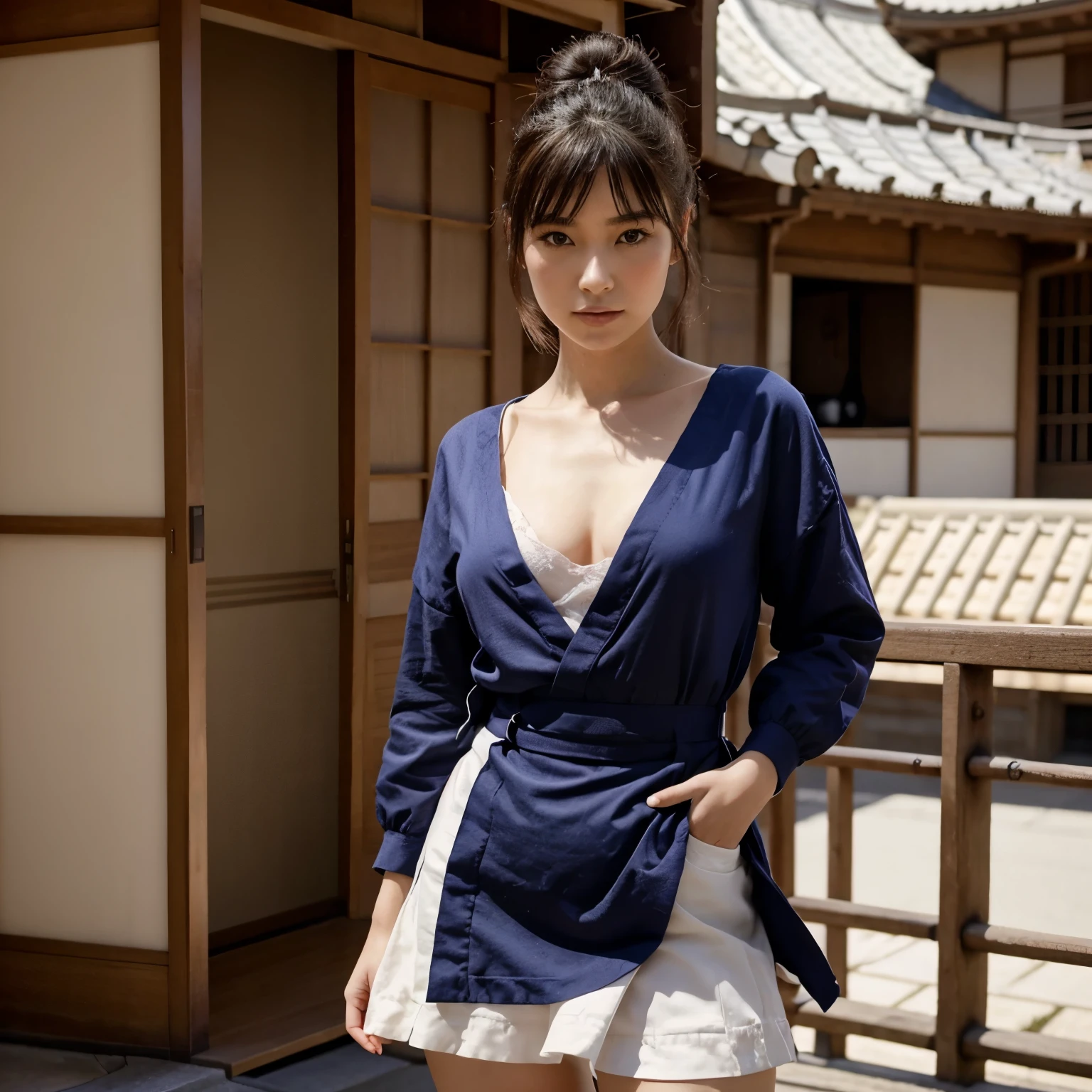 Fille dans un style d'animation japonaise en jupe courte qui prend une pose sexy