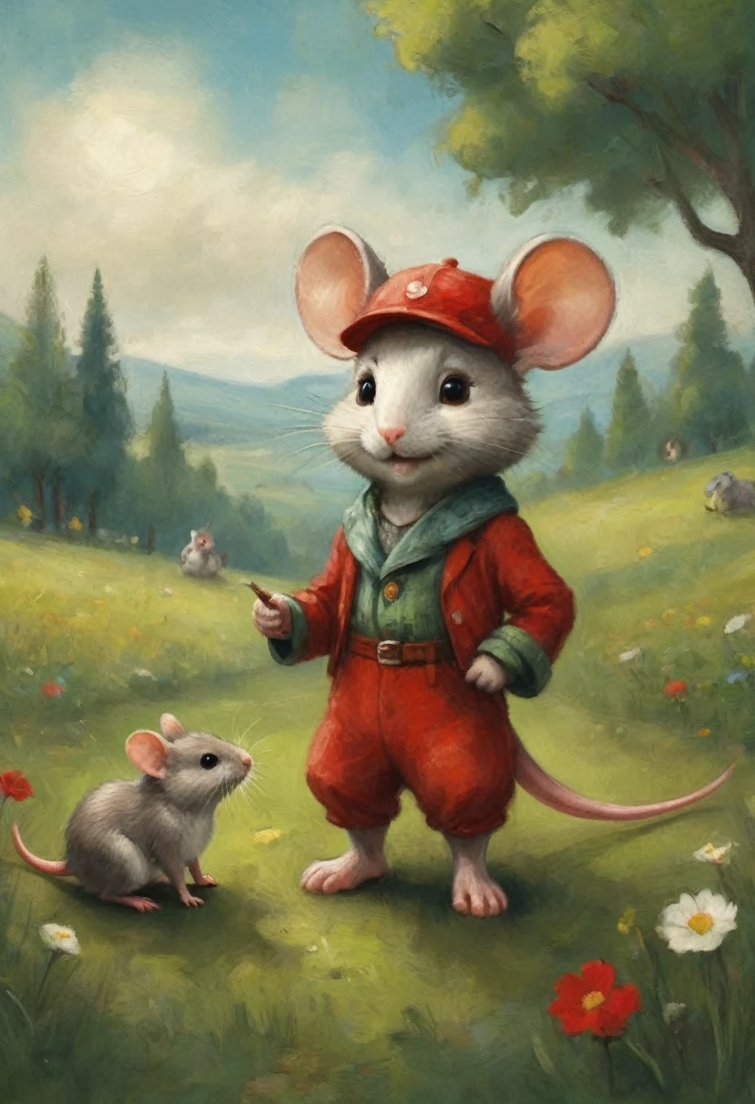 2 small mouse stood in the grass, wearing red clothes, lovely digital painting, adorable digital art, Cute detailed digital art, maplestory mouse, cute mouse pokemon, cute 3 d render, digital cartoon painting art, Beautiful digital artwork, cute forest creature, fantasy matte painting,Cute, magical concept art, Epic concept art. Bokeh, Anthropomorphic mouse,((Marc Chagall style)), Impressionism:1,1,