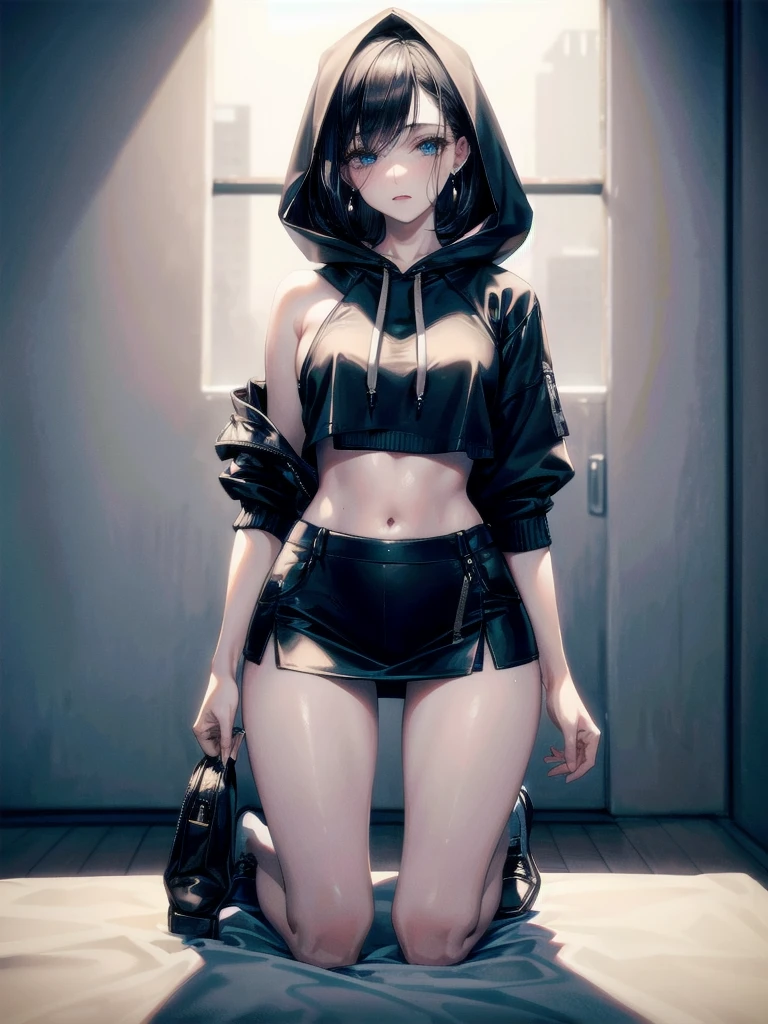 crop top, hoodie, mini skirt, absurdres, RAW photo, extremely delicate and beautiful, masterpiece, Best Quality, ultra high resolution, 32k, hyperrealistic, ultra-detailed, detailed description, pale skin, 20 years old, tearful mole, earring, short medium hair, wavy hair, full body shot,