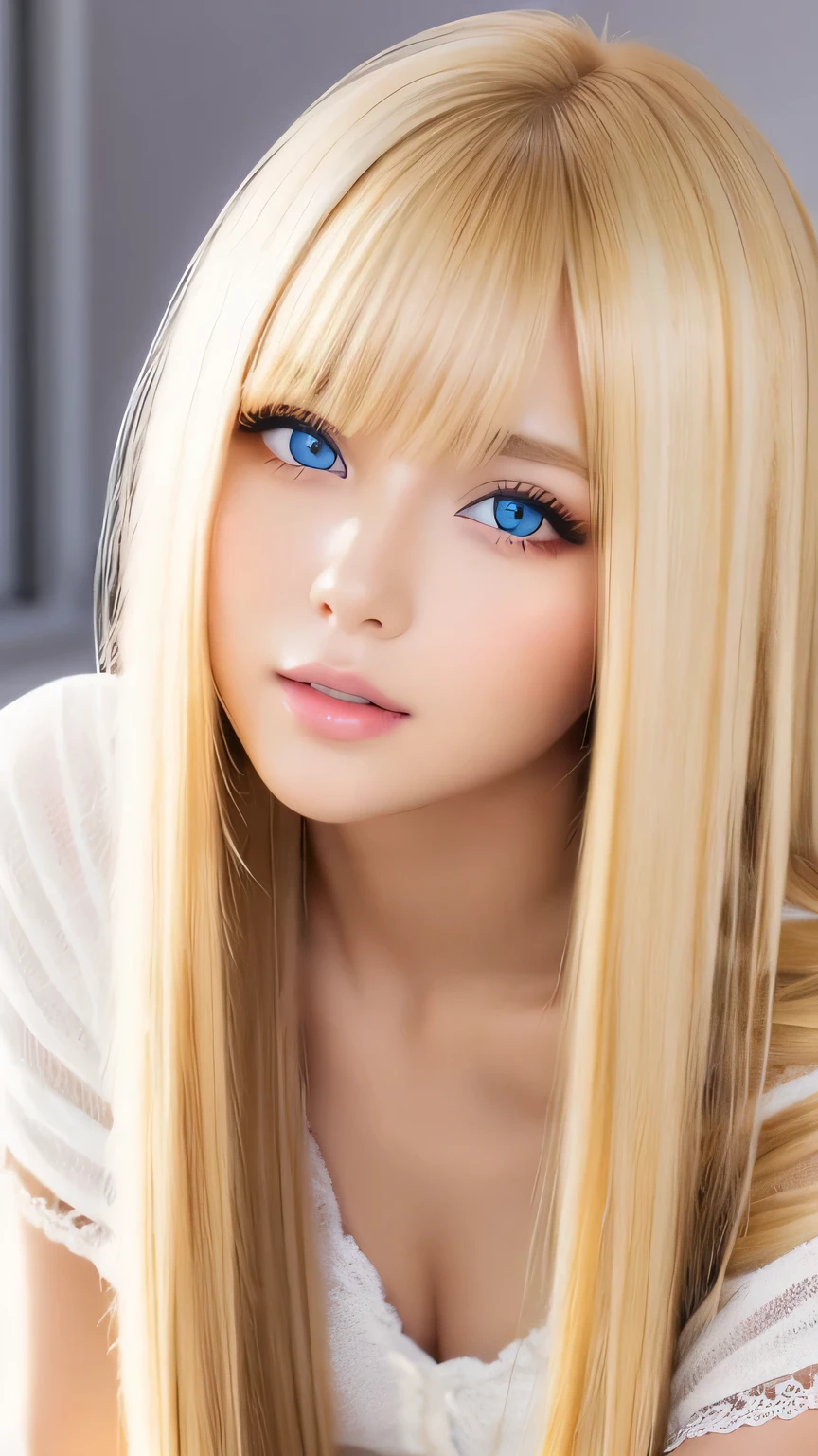Beautiful super long straight silky hair with a dazzling golden shine、Bright expression、Blonde girl posing in a white top、Long golden bangs between the eyes,,、Glossy fair skin、Glowing Cheeks、Reality Girls、16-year-old girl、Beautiful girl with shining golden platinum blonde、Beautiful big bright blue eyes