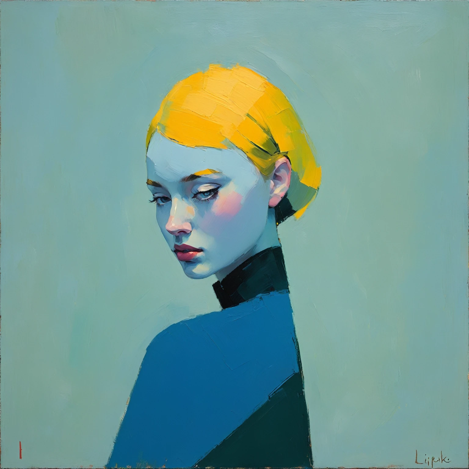 Create an evocative oil painting inspired by Malcolm Liepke, based on the provided image. Capture the intense, introspective expression of the young subject using thick, expressive brushstrokes and a muted color palette. Highlight the emotional depth and vulnerability in the subject's gaze, emphasizing the play of light and shadow on their face. Maintain a simple, textured background that complements the subject's contemplative presence. Focus on the tactile quality of the oil paint to convey the raw emotion and intimacy characteristic of Liepke's style.
