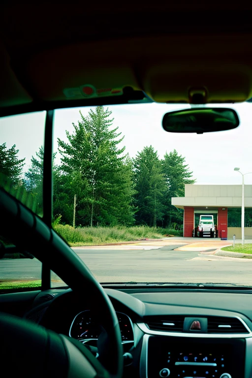 gas station、Looking through the windshield from inside the car