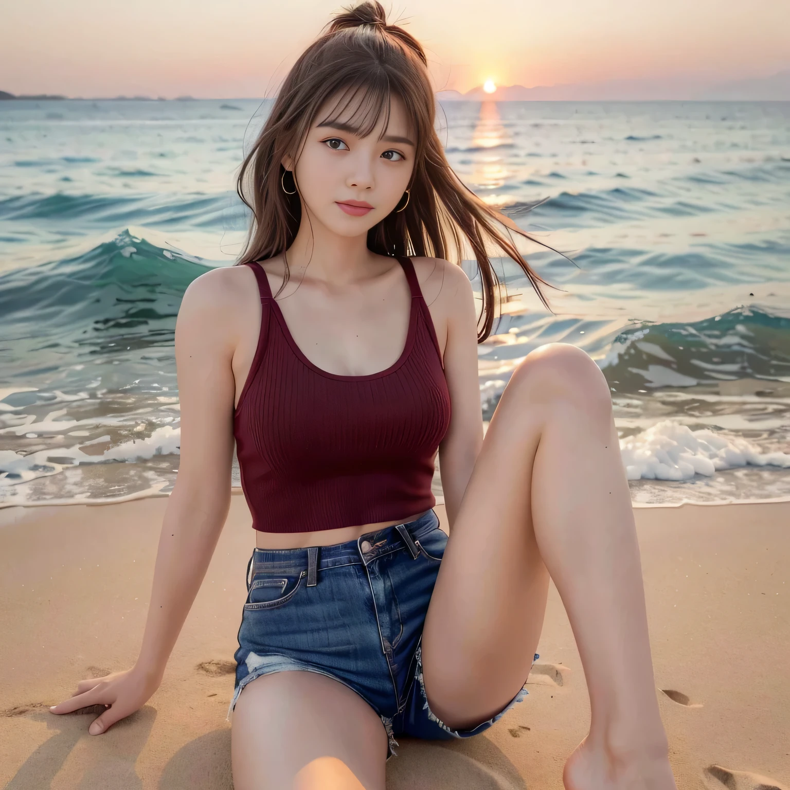 (highest quality, High resolution, masterpiece, correct, 8k:1.5), (Real, Photorealistic:1.3), RAW shooting, 1 female, 22 years old, (whole body), Tank top protruding nipples, Jean Shorts, Sandals, Hair blowing in the wind, Touching your hair, Long brown hair, Side nipple, Underarm, sitting on the beach, Bright red sunset sky, The sea dyed in the sunset, Sunset on the horizon, Detailed face, double eyelid, Beautiful eyes, Correct two legs, Beautiful toes,