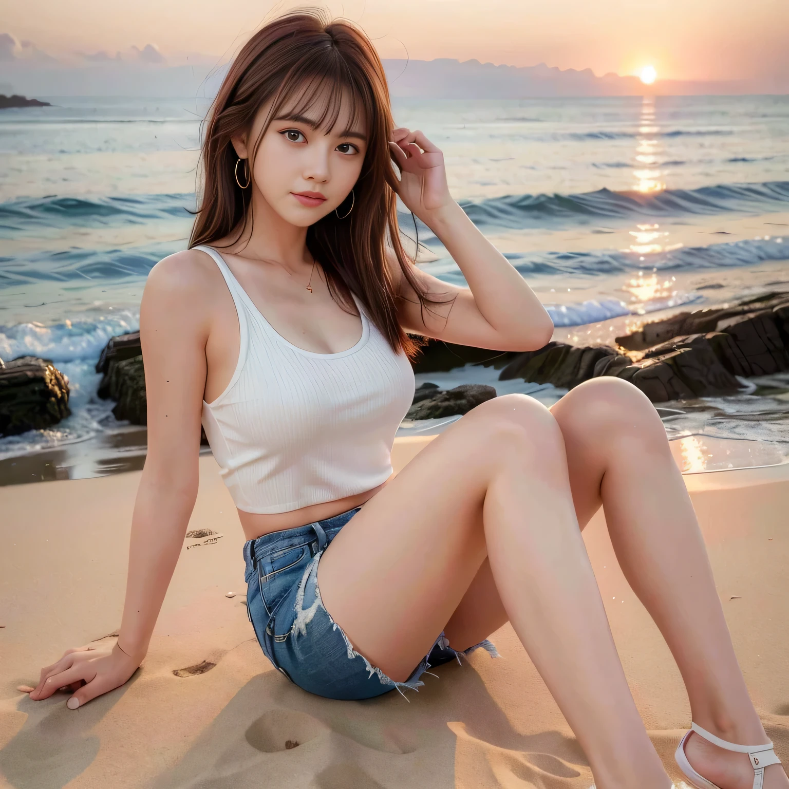 (highest quality, High resolution, masterpiece, correct, 8k:1.5), (Real, Photorealistic:1.3), RAW shooting, 1 female, 22 years old, (whole body), Tank top protruding nipples, Jean Shorts, Sandals, Hair blowing in the wind, Touching your hair, Long brown hair, No bra, Side nipple, Underarm, sitting on the beach, Bright red sunset sky, The sea dyed in the sunset, Sunset on the horizon, Detailed face, double eyelid, Beautiful eyes, Correct two legs, Beautiful toes,