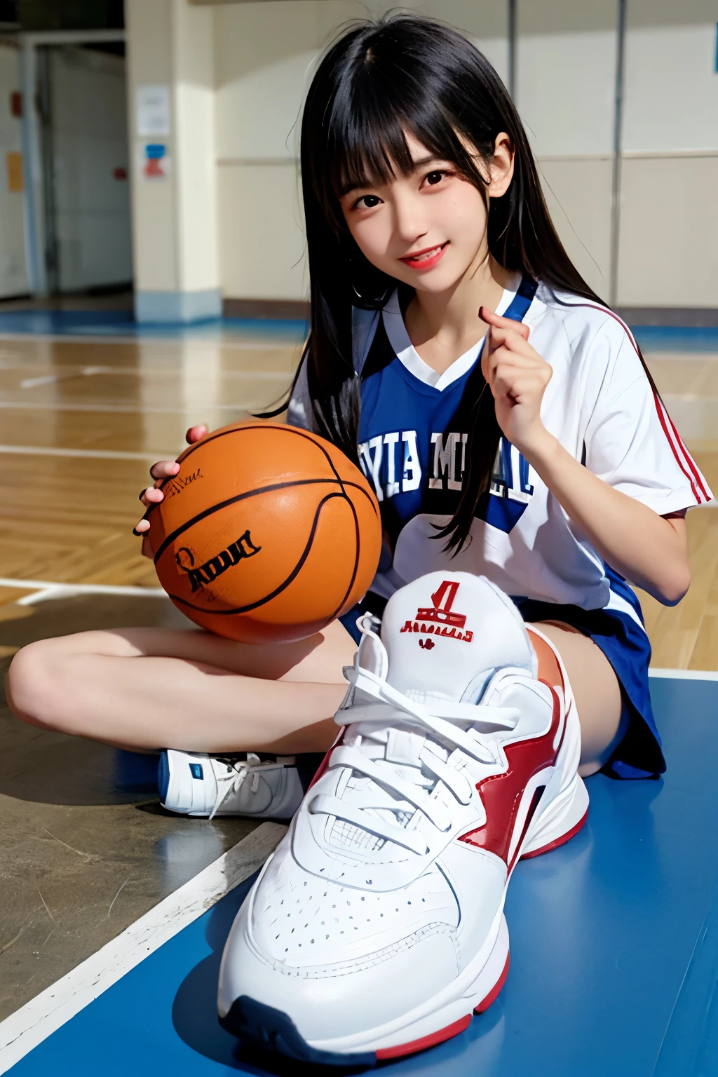 A korean chocolate skinned girl wearing a basket ball in white sneakers at the basketball pitch