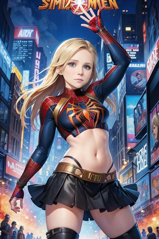 Hayden Panettiere、マーベル・コミック映画のposter, very beautiful, movies about spiderman, sexy, whole body, I'm wearing a skirt、premiere date, poster、belly buttonを突き出す、new york、she&#39;s wearing a torn spiderman suit,the suit is torn、wearing a skirt、 red and black color scheme,dynamic、masterpiece、highest quality、super detailed、very detailed、Detailed beautiful shine、超A high resolution、cinematic,tear,teardrop,(torn clothes:1.5), (wet clothes:1.4), bare shoulders,real rain,wet hair,belly button、exposing skin、sexyな肩を見せてる