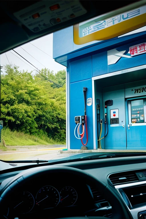 gas station、View of the front from inside the car、Japanese car