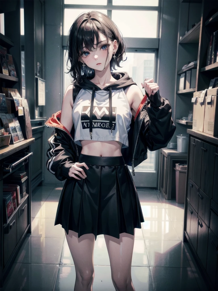 crop top, hoodie, mini skirt, absurdres, RAW photo, extremely delicate and beautiful, masterpiece, Best Quality, ultra high resolution, 32k, hyperrealistic, ultra-detailed, detailed description, pale skin, 20 years old, tearful mole, earring, short medium hair, wavy hair, full body shot,