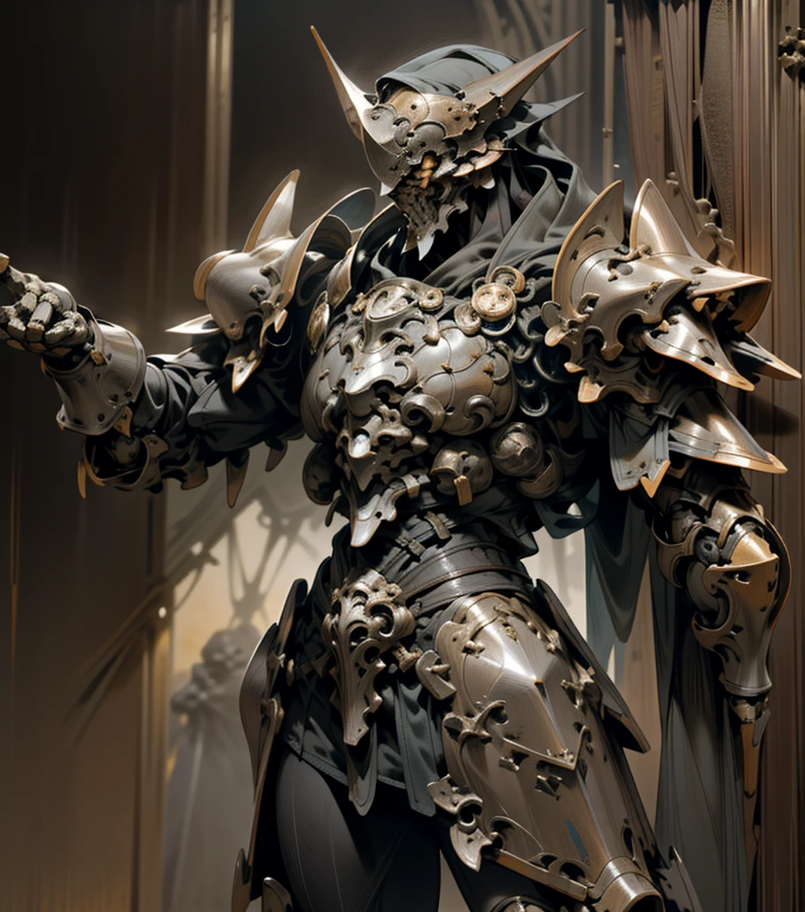arafed knight standing in a dark room with a claymore on back,rugged armor, yellow and brown color reflected armor, steampunk bioarmor,rocky mountain themed armor, skull warrior inspired armor, dirty armor, gothic armor, yellow and brown color armor, cyberpunk suit, prince crown of black gears,full metall cyborg, dragonic,compedium, black leather armour, black gears,huge craymore on back, (solo), (1man)