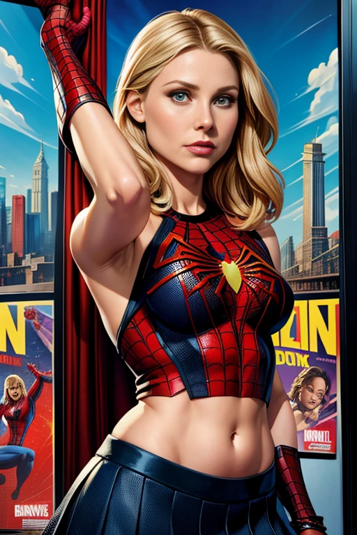 Kristen Bell、Marvel Comics Movie Poster, Very beautiful, Movies about Spiderman, sexy, whole body, I'm wearing a skirt、Premiere date, Poster、belly buttonを突き出す、new york、She's wearing a torn Spider-Man suit,The suit is torn、Wearing a skirt、 Red and black color scheme,dynamic、masterpiece、highest quality、Ultra-detailed、Very detailed、A delicate and beautiful shine、超A high resolution、Cinematic,Break,Breakdrop,(Torn clothes:1.5), (Wet clothes:1.4), Bare shoulders,Real Rain,Wet Hair,belly button、Exposing Skin、Showing off her sexy shoulders