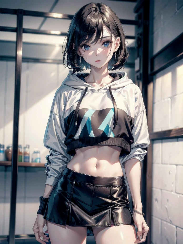 crop top, hoodie, mini skirt, absurdres, RAW photo, extremely delicate and beautiful, masterpiece, Best Quality, ultra high resolution, 32k, hyperrealistic, ultra-detailed, detailed description, pale skin, 20 years old, tearful mole, earring, short medium hair, wavy hair, full body shot,
