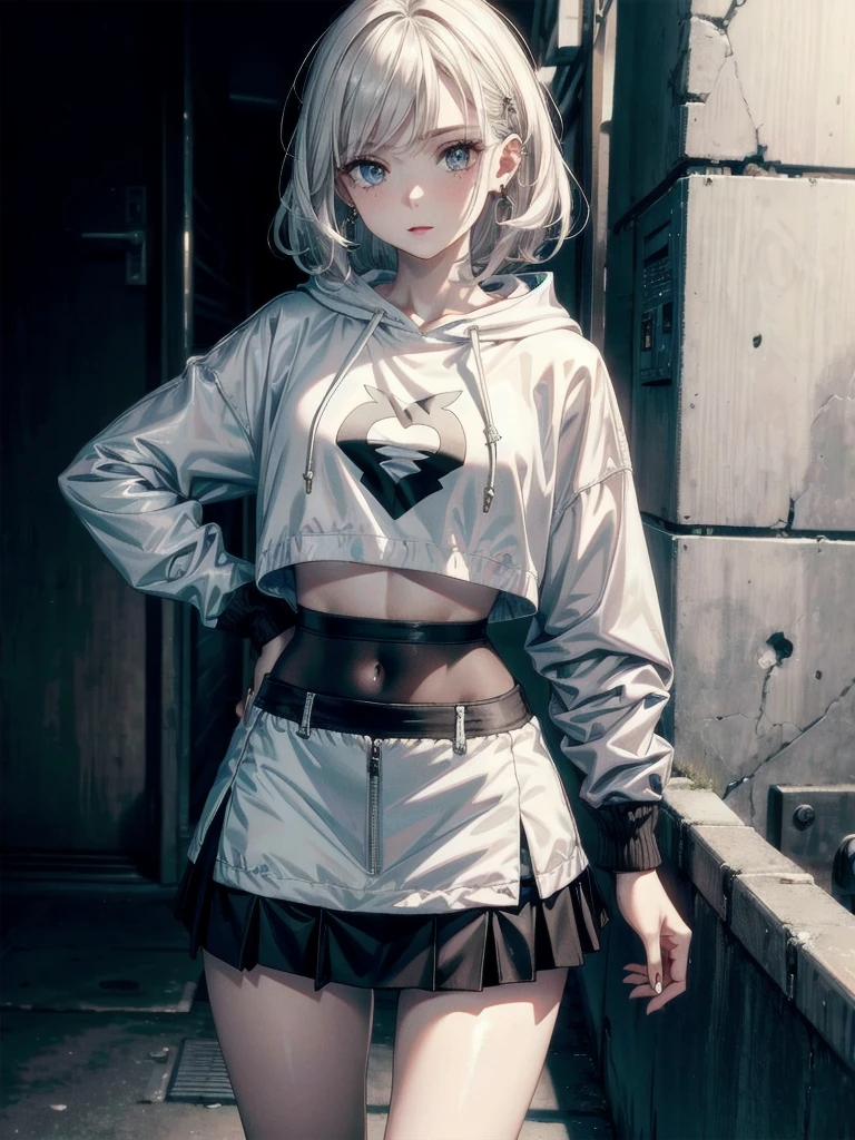 crop top, hoodie, mini skirt, absurdres, RAW photo, extremely delicate and beautiful, masterpiece, Best Quality, ultra high resolution, 32k, hyperrealistic, ultra-detailed, detailed description, pale skin, 20 years old, tearful mole, earring, short medium hair, wavy hair, full body shot,