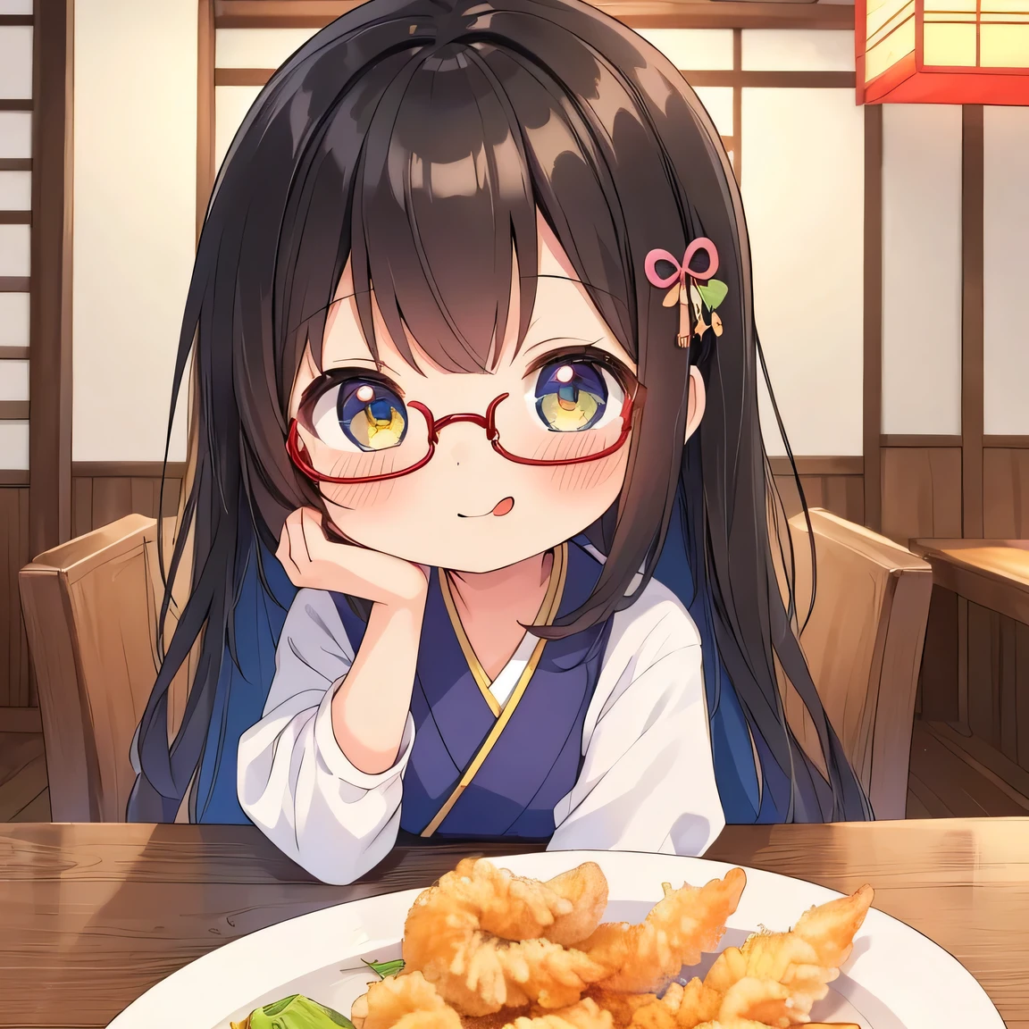 ((masterpiece)), ((best quality)), (ultra-detailed), ((kawaii)), cute, (lovely), illustration, anime style, upper body, upper body focus, 1girl, cute girl, solo, (((chibi))), (beautiful eyes), beautiful black hair, Long hair, slim, slender, small breast, glasses, Inside a Japanese restaurant, a platter with assorted tempura, looking very happy, smiling, (tongue out:1.1).
