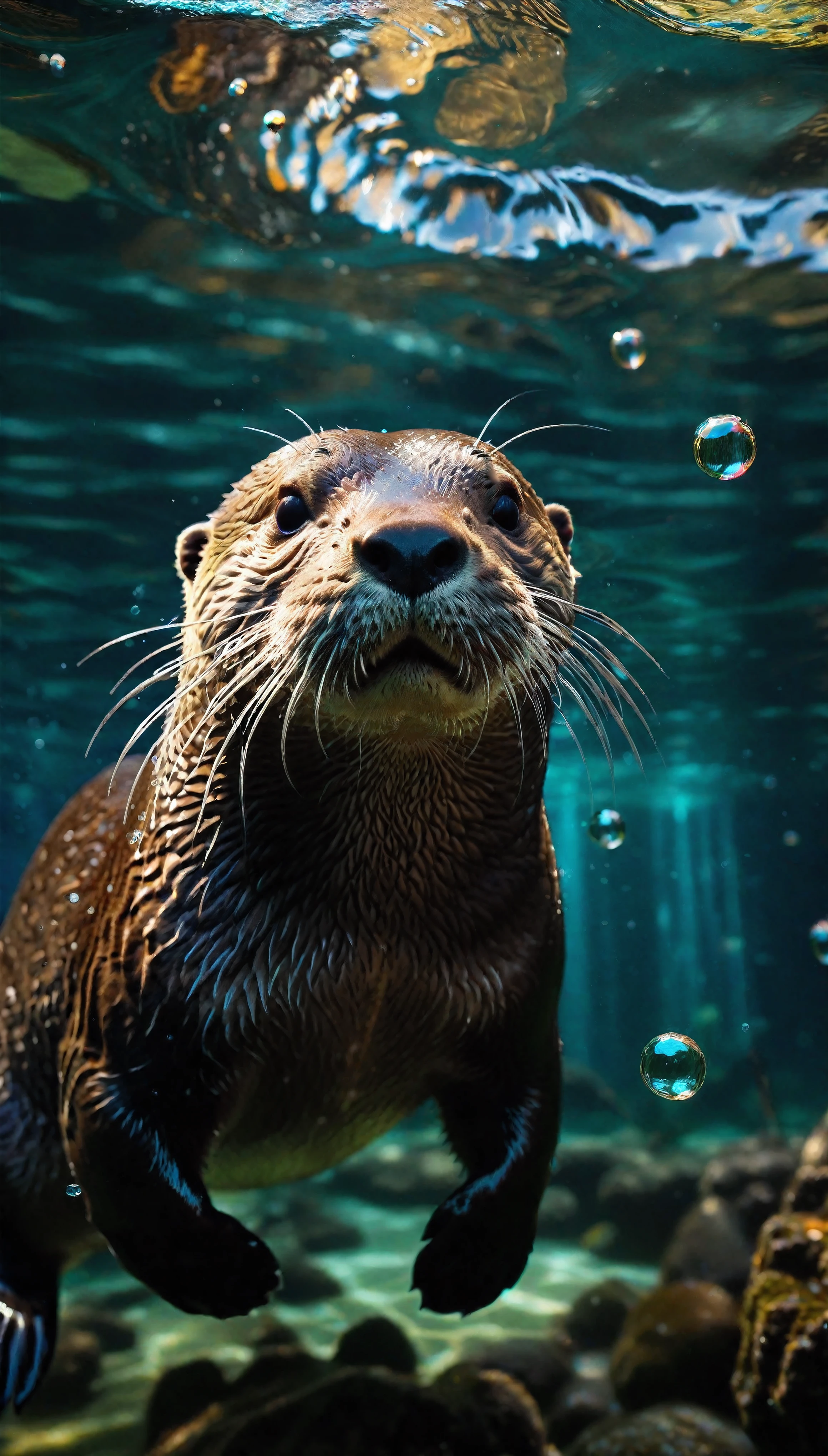 ((Masterpiece in maximum 16K resolution):1.6),((soft_color_photograpy:)1.5), ((Ultra-Detailed):1.4),((Movie-like still images and dynamic angles):1.3). | (Macro shot cinematic photo of exotic Otter underwater), (an Otter swimming underwater), (water bubbles), (macro lens), (exotic animal), (cute), (delightful atmosphere), (aesthetic photography style), (visual experience),(Realism), (Realistic),award-winning graphics, dark shot, film grain, extremely detailed, Digital Art, rtx, Unreal Engine, scene concept anti glare effect, All captured with sharp focus. | Rendered in ultra-high definition with UHD and retina quality, this masterpiece ensures anatomical correctness and textured skin with super detail. With a focus on high quality and accuracy, this award-winning portrayal captures every nuance in stunning 16k resolution, immersing viewers in its lifelike depiction. | ((perfect_composition, perfect_design, perfect_layout, perfect_detail, ultra_detailed)), ((enhance_all, fix_everything)), More Detail, Enhance.