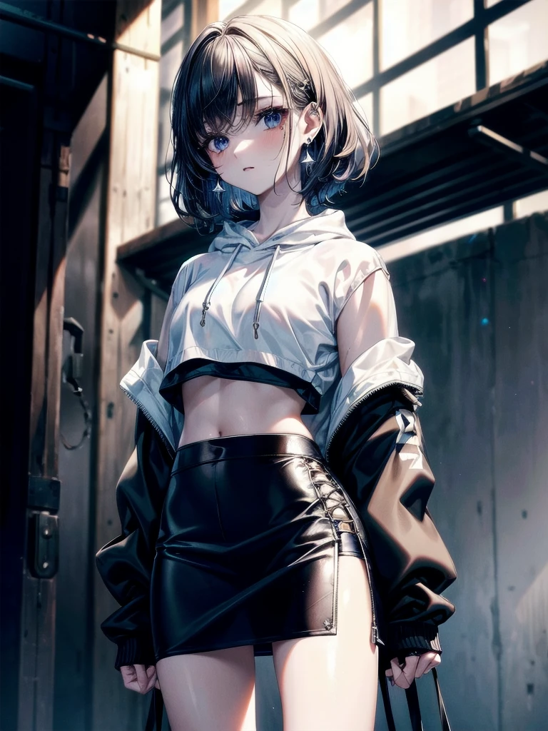 crop top, hoodie, mini skirt, absurdres, RAW photo, extremely delicate and beautiful, masterpiece, Best Quality, ultra high resolution, 32k, hyperrealistic, ultra-detailed, detailed description, pale skin, 20 years old, tearful mole, earring, short medium hair, wavy hair, full body shot,