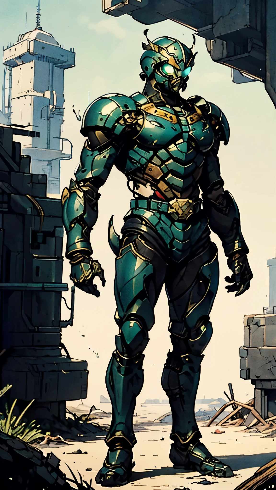 A man wearing a full-face helmet, a fantasy-style biotech armored combat suit, green eyes, (a composite layered chest armor), fully enclosed shoulder guards, matching arm and leg guards, the belt is adorned with Beetle-shaped gem, (the color scheme is primarily black with red accents), the design balances heavy with agility, a high-tech bio-mecha armor, (Armor Concept Inspired by Dynastinae, stand on the top of a skyscraper in a futuristic sci-fi city), this character embodies a finely crafted fantasy-surreal style armored hero in anime style, exquisite and mature manga art style, (element, plasma, energy, the armor glows), ((male:1.5)), metallic, real texture material, dramatic, high definition, best quality, highres, ultra-detailed, ultra-fine painting, extremely delicate, professional, perfect body proportions, golden ratio, anatomically correct, symmetrical face, extremely detailed eyes and face, high quality eyes, creativity, RAW photo, UHD, 32k, Natural light, cinematic lighting, masterpiece-anatomy-perfect, masterpiece:1.5