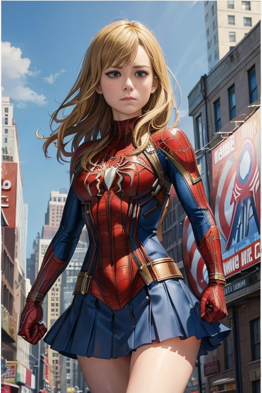 Brie Larson、Marvel Comics Movie Poster, Very beautiful, Movies about Spiderman, sexy, whole body, I'm wearing a skirt、Premiere date, Poster、belly buttonを突き出す、new york、She's wearing a torn Spider-Man suit,The suit is torn、Wearing a skirt、 Red and black color scheme,dynamic、masterpiece、highest quality、Ultra-detailed、Very detailed、A delicate and beautiful shine、超A high resolution、Cinematic,Break,Breakdrop,(Torn clothes:1.5), (Wet clothes:1.4), Bare shoulders,Real Rain,Wet Hair,belly button、Exposing Skin、Showing off her sexy shoulders
