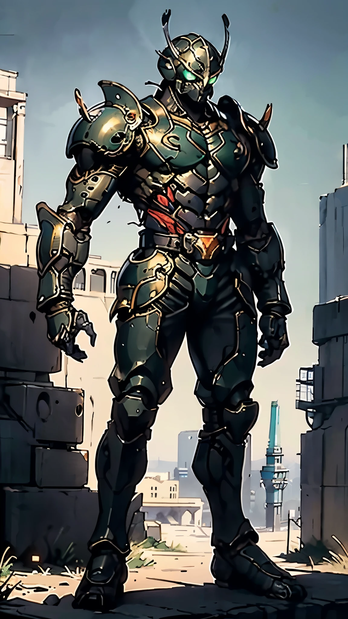 A man wearing a full-face helmet, a fantasy-style biotech armored combat suit, green eyes, (a composite layered chest armor), fully enclosed shoulder guards, matching arm and leg guards, the belt is adorned with Beetle-shaped gem, (the color scheme is primarily black with red accents), the design balances heavy with agility, a high-tech bio-mecha armor, (Armor Concept Inspired by Dynastinae, stand on the top of a skyscraper in a futuristic sci-fi city), this character embodies a finely crafted fantasy-surreal style armored hero in anime style, exquisite and mature manga art style, (element, plasma, energy, the armor glows), ((male:1.5)), metallic, real texture material, dramatic, high definition, best quality, highres, ultra-detailed, ultra-fine painting, extremely delicate, professional, perfect body proportions, golden ratio, anatomically correct, symmetrical face, extremely detailed eyes and face, high quality eyes, creativity, RAW photo, UHD, 32k, Natural light, cinematic lighting, masterpiece-anatomy-perfect, masterpiece:1.5