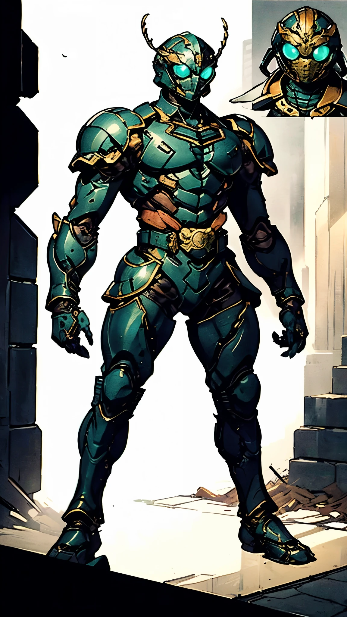 A man wearing a full-face helmet, a fantasy-style biotech armored combat suit, green eyes, (a composite layered chest armor), fully enclosed shoulder guards, matching arm and leg guards, the belt is adorned with Beetle-shaped gem, (the color scheme is primarily black with red accents), the design balances heavy with agility, a high-tech bio-mecha armor, (Armor Concept Inspired by Dynastinae, stand on the top of a skyscraper in a futuristic sci-fi city), this character embodies a finely crafted fantasy-surreal style armored hero in anime style, exquisite and mature manga art style, (element, plasma, energy, the armor glows), ((male:1.5)), metallic, real texture material, dramatic, high definition, best quality, highres, ultra-detailed, ultra-fine painting, extremely delicate, professional, perfect body proportions, golden ratio, anatomically correct, symmetrical face, extremely detailed eyes and face, high quality eyes, creativity, RAW photo, UHD, 32k, Natural light, cinematic lighting, masterpiece-anatomy-perfect, masterpiece:1.5