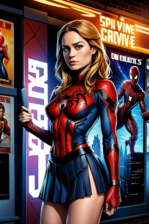 Brie Larson、Marvel Comics Movie Poster, Very beautiful, Movies about Spiderman, sexy, whole body, I'm wearing a skirt、Premiere date, Poster、belly buttonを突き出す、new york、She&#39;s wearing a torn Spider-Man suit,The suit is torn、Wearing a skirt、 Red and black color scheme,dynamic、masterpiece、highest quality、Ultra-detailed、Very detailed、A delicate and beautiful shine、超A high resolution、Cinematic,Break,Breakdrop,(Torn clothes:1.5), (Wet clothes:1.4), Bare shoulders,Real Rain,Wet Hair,belly button、Exposing Skin、Showing off her sexy shoulders