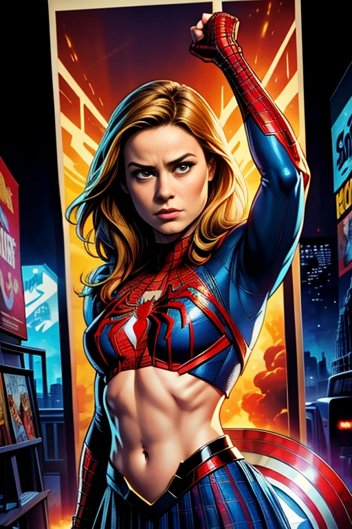 Brie Larson、Marvel Comics Movie Poster, Very beautiful, Movies about Spiderman, sexy, whole body, I'm wearing a skirt、Premiere date, Poster、belly buttonを突き出す、new york、She&#39;s wearing a torn Spider-Man suit,The suit is torn、Wearing a skirt、 Red and black color scheme,dynamic、masterpiece、highest quality、Ultra-detailed、Very detailed、A delicate and beautiful shine、超A high resolution、Cinematic,Break,Breakdrop,(Torn clothes:1.5), (Wet clothes:1.4), Bare shoulders,Real Rain,Wet Hair,belly button、Exposing Skin、Showing off her sexy shoulders