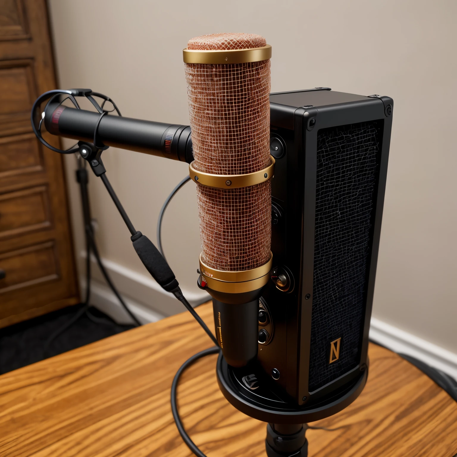 Microphone with creativity, ((handheld)) , professional-grade, Shaped like a retro microphone with gold accents, ((mic), Microphone soap)) , On a black stand with a red velvet cover, ((microphone tube, vintage microphone)) , Suspended from a vintage-inspired boom arm, ((microphone hand, Handheld microphone)) , Used for recording voiceovers for YouTube videos, ((por recording audio)) , Equipped with a high-pass filter and compressor, ((filtro hi-pass, compresor)) , Plugged into a Focusrite Scarlett 2i2