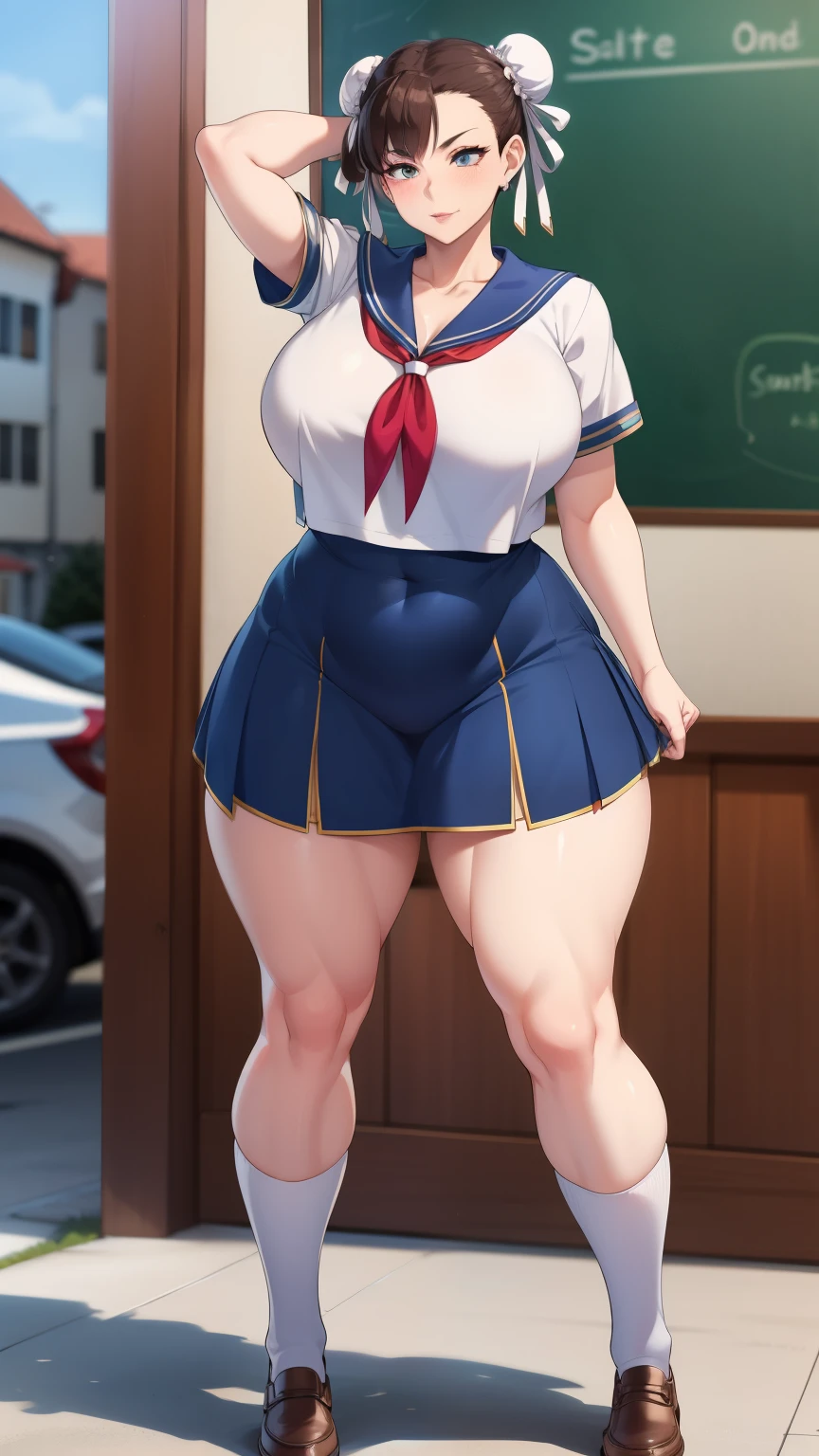 Large Breasts, Big Hips,Full Body Shot, Mature mother, Whipping the lower body, Plump thighs, ox, Seductive mature woman, Perfect body, Plus Size Model,high school girl,Sailor suit, The skirt is short,Mature woman wearing Sailor suit,Chunli