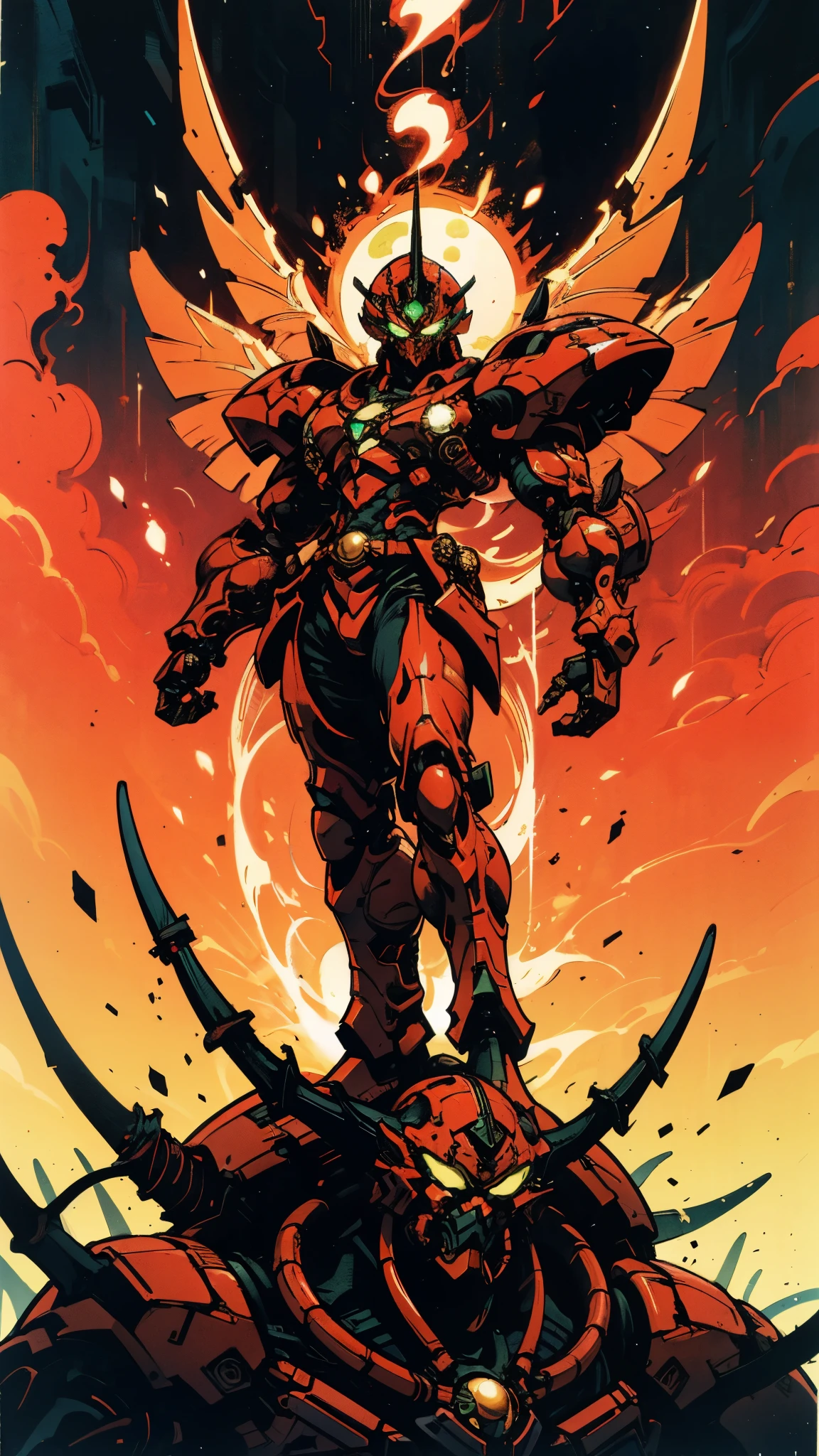 A man wearing a full-face helmet, a fantasy-style biotech armored combat suit, green eyes, (a composite layered chest armor), fully enclosed shoulder guards, matching arm and leg guards, the belt is adorned with Beetle-shaped gem, (the color scheme is primarily black with red accents), the design balances heavy with agility, a high-tech bio-mecha armor, (Armor Concept Inspired by Dynastinae, stand on the top of a skyscraper in a futuristic sci-fi city), this character embodies a finely crafted fantasy-surreal style armored hero in anime style, exquisite and mature manga art style, (element, plasma, energy, the armor glows), ((male:1.5)), metallic, real texture material, dramatic, high definition, best quality, highres, ultra-detailed, ultra-fine painting, extremely delicate, professional, perfect body proportions, golden ratio, anatomically correct, symmetrical face, extremely detailed eyes and face, high quality eyes, creativity, RAW photo, UHD, 32k, Natural light, cinematic lighting, masterpiece-anatomy-perfect, masterpiece:1.5