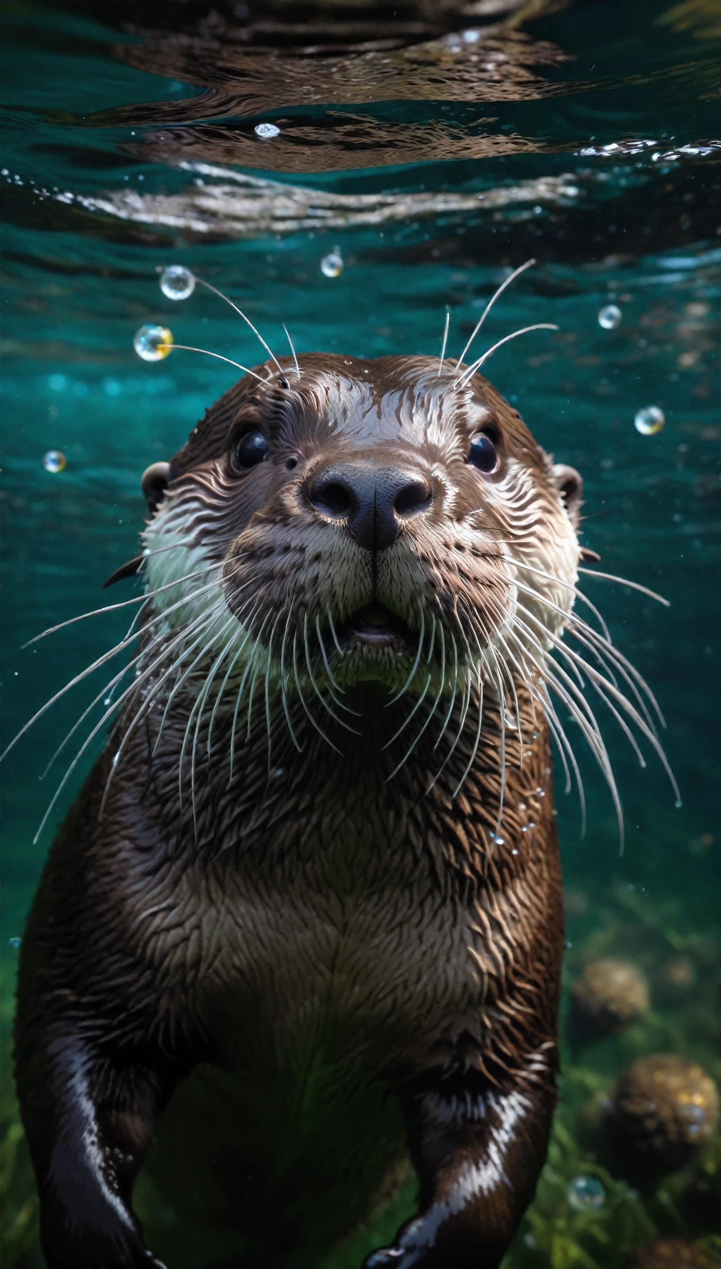 ((Masterpiece in maximum 16K resolution):1.6),((soft_color_photograpy:)1.5), ((Ultra-Detailed):1.4),((Movie-like still images and dynamic angles):1.3). | (Macro shot cinematic photo of exotic Otter underwater), (an Otter swimming underwater), (water bubbles), (macro lens), (exotic animal), (cute), (delightful atmosphere), (aesthetic photography style), (visual experience),(Realism), (Realistic),award-winning graphics, dark shot, film grain, extremely detailed, Digital Art, rtx, Unreal Engine, scene concept anti glare effect, All captured with sharp focus. | Rendered in ultra-high definition with UHD and retina quality, this masterpiece ensures anatomical correctness and textured skin with super detail. With a focus on high quality and accuracy, this award-winning portrayal captures every nuance in stunning 16k resolution, immersing viewers in its lifelike depiction. | ((perfect_composition, perfect_design, perfect_layout, perfect_detail, ultra_detailed)), ((enhance_all, fix_everything)), More Detail, Enhance.