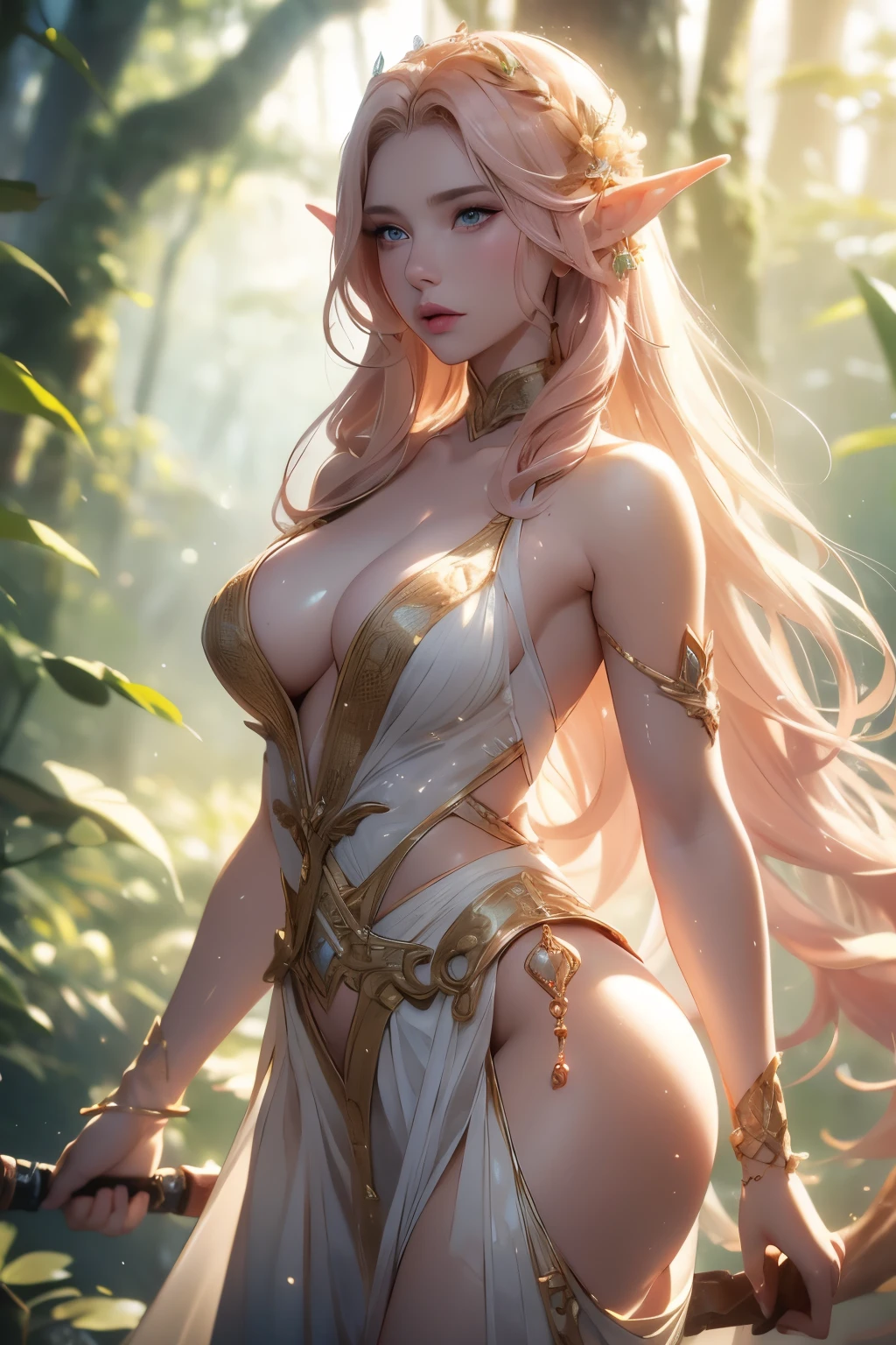Sensual elf woman , intimate parts marked on clothes (scarlett johanson) in the water, with angelic face with wet hair, exhausted, ultra realistic, her hands behind her head: with semi-translucent clothing very tight to the body, pink and red clothing. A slim but curvy elf, with wide hips and a super realistic tiny waist. Her porcelain white skin glowing under the natural light of the forest. Her beautiful, hyper-detailed and realistic features come to life in this cinematic image. Her voluptuous elven clothing clings to her body, showing off her perfect anatomical measurements and super-resolution details. The clothes are tight accentuating every curve of her, beads of sweat with detail on her skin, supported by a spear-type sword between her hands, with elven details when holding it with both hands, her muscles that are softly marked on the abdomen and with many shades. super feminine... The setting is a serene forest, with dappled sunlight filtering through the trees, casting an ethereal glow on the scene. (3:3 - 16:9 - q