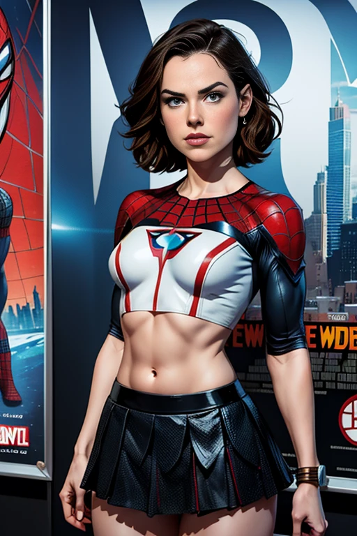 Daisy Ridley、Marvel Comics Movie Poster, Very beautiful, Movies about Spiderman, sexy, whole body, I'm wearing a skirt、Premiere date, Poster、belly buttonを突き出す、new york、She's wearing a torn Spider-Man suit,The suit is torn、Wearing a skirt、 Red and black color scheme,dynamic、masterpiece、highest quality、Ultra-detailed、Very detailed、A delicate and beautiful shine、超A high resolution、Cinematic,Break,Breakdrop,(Torn clothes:1.5), (Wet clothes:1.4), Bare shoulders,Real Rain,Wet Hair,belly button、Exposing Skin、Showing off her sexy shoulders