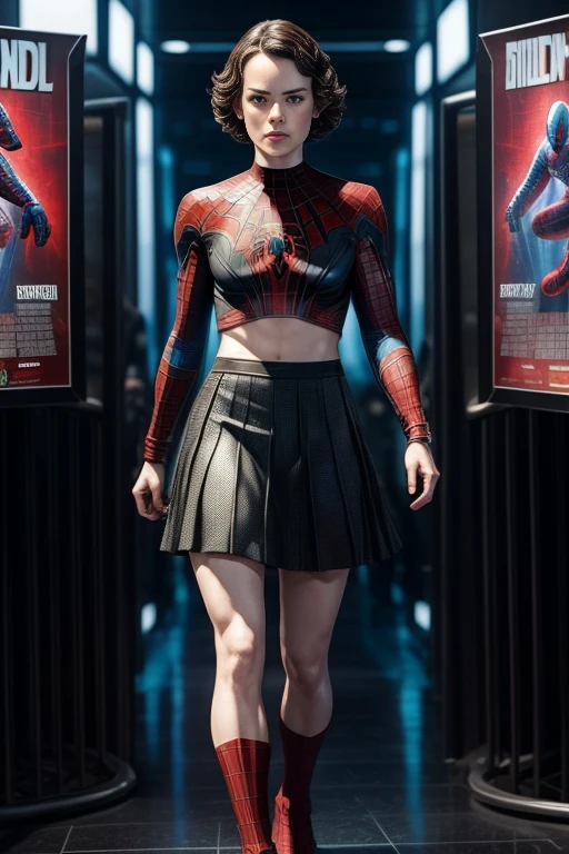Daisy Ridley、Marvel Comics Movie Poster, Very beautiful, Movies about Spiderman, sexy, whole body, I'm wearing a skirt、Premiere date, Poster、belly buttonを突き出す、new york、She&#39;s wearing a torn Spider-Man suit,The suit is torn、Wearing a skirt、 Red and black color scheme,dynamic、masterpiece、highest quality、Ultra-detailed、Very detailed、A delicate and beautiful shine、超A high resolution、Cinematic,Break,Breakdrop,(Torn clothes:1.5), (Wet clothes:1.4), Bare shoulders,Real Rain,Wet Hair,belly button、Exposing Skin、Showing off her sexy shoulders