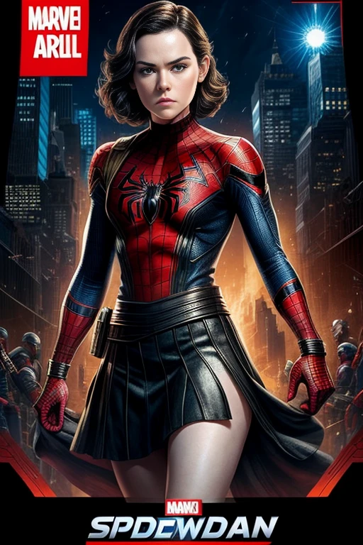 Daisy Ridley、Marvel Comics Movie Poster, Very beautiful, Movies about Spiderman, sexy, whole body, I'm wearing a skirt、Premiere date, Poster、belly buttonを突き出す、new york、She&#39;s wearing a torn Spider-Man suit,The suit is torn、Wearing a skirt、 Red and black color scheme,dynamic、masterpiece、highest quality、Ultra-detailed、Very detailed、A delicate and beautiful shine、超A high resolution、Cinematic,Break,Breakdrop,(Torn clothes:1.5), (Wet clothes:1.4), Bare shoulders,Real Rain,Wet Hair,belly button、Exposing Skin、Showing off her sexy shoulders