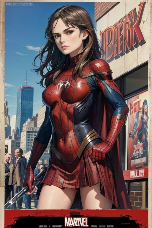 Keira Knightley、Marvel Comics Movie Poster, Very beautiful, Movies about Spiderman, sexy, whole body, I'm wearing a skirt、Premiere date, Poster、belly buttonを突き出す、new york、She's wearing a torn Spider-Man suit,The suit is torn、Wearing a skirt、 Red and black color scheme,dynamic、masterpiece、highest quality、Ultra-detailed、Very detailed、A delicate and beautiful shine、超A high resolution、Cinematic,Break,Breakdrop,(Torn clothes:1.5), (Wet clothes:1.4), Bare shoulders,Real Rain,Wet Hair,belly button、Exposing Skin、Showing off her sexy shoulders