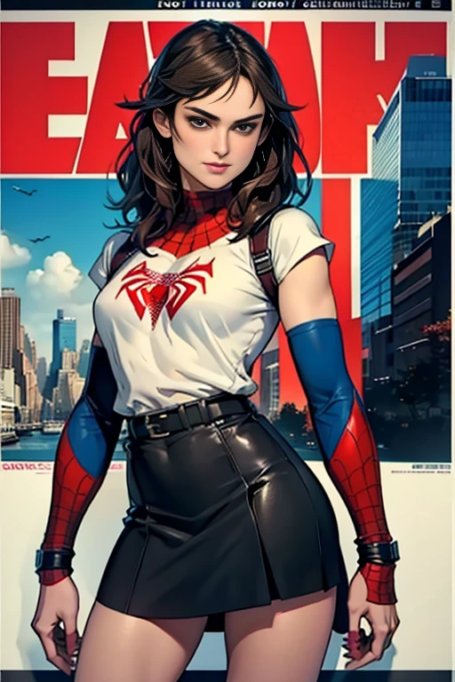 Keira Knightley、Marvel Comics Movie Poster, Very beautiful, Movies about Spiderman, sexy, whole body, I'm wearing a skirt、Premiere date, Poster、belly buttonを突き出す、new york、She's wearing a torn Spider-Man suit,The suit is torn、Wearing a skirt、 Red and black color scheme,dynamic、masterpiece、highest quality、Ultra-detailed、Very detailed、A delicate and beautiful shine、超A high resolution、Cinematic,Break,Breakdrop,(Torn clothes:1.5), (Wet clothes:1.4), Bare shoulders,Real Rain,Wet Hair,belly button、Exposing Skin、Showing off her sexy shoulders