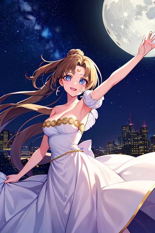 ((best quality)), ((highly detailed)), masterpiece, absurdres, (detailed eyes, deep eyes), (1girl), dynamic pose,  long dark brown hair (to her back), smiling, Princess_white_strapless_dress_huge_back_bow_Golden_crescent_forehead_mark, (at a floating island, midnight, night sky, stars, moonlight, shooting star)