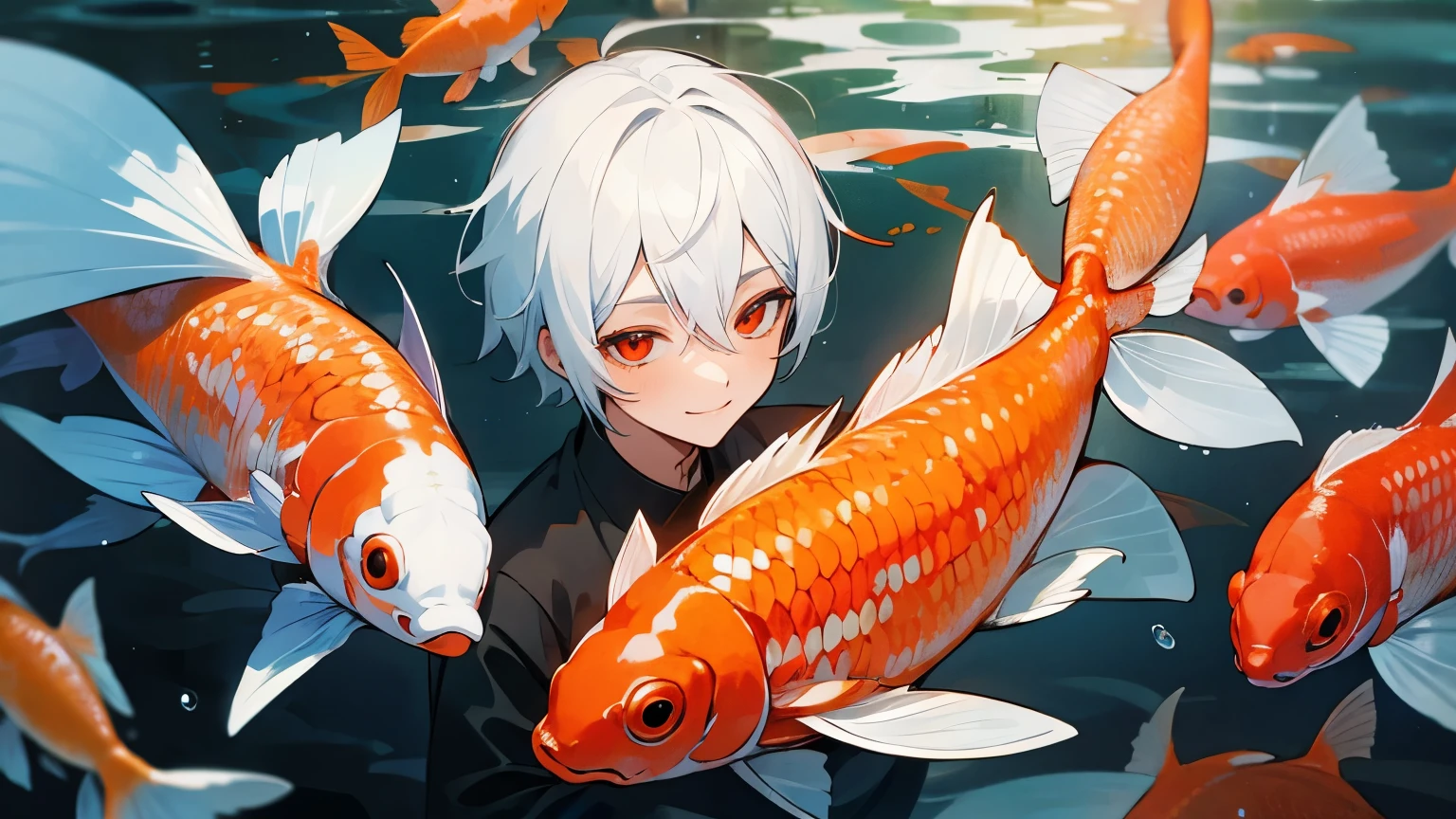 loveable guy, white hair, water, magic, Koi fish, Red eyes, smile on your face, Detailed fish, Detailed body