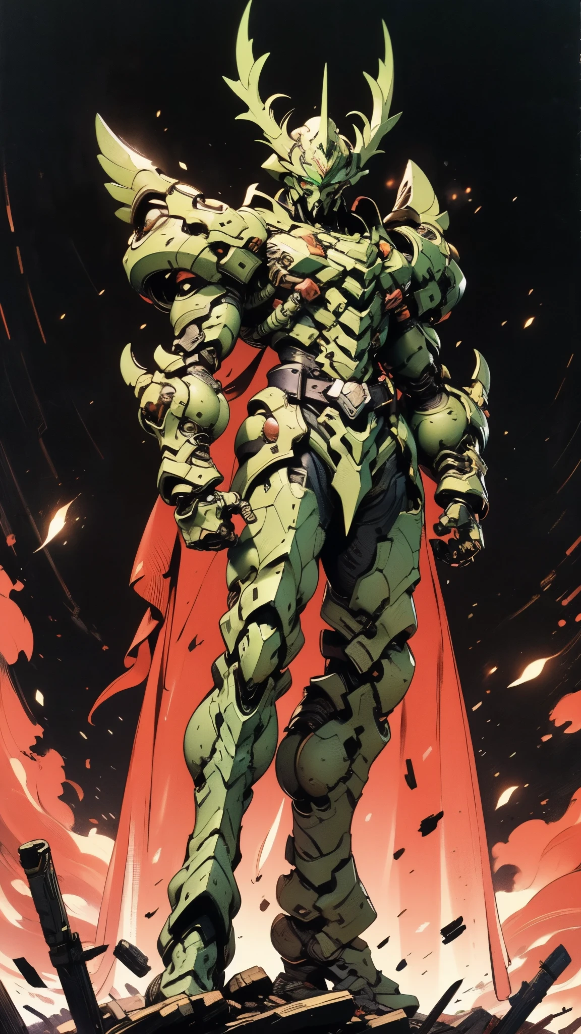 A man wearing a full-face helmet, a fantasy-style biotech armored combat suit, green eyes, (a composite layered chest armor), fully enclosed shoulder guards, matching arm and leg guards, the belt is adorned with Beetle-shaped gem, (the color scheme is primarily black with red accents), the design balances heavy with agility, a high-tech bio-mecha armor, (Armor Concept Inspired by Dynastinae, stand on the top of a skyscraper in a futuristic sci-fi city), this character embodies a finely crafted fantasy-surreal style armored hero in anime style, exquisite and mature manga art style, (element, plasma, energy, the armor glows), ((male:1.5)), metallic, real texture material, dramatic, high definition, best quality, highres, ultra-detailed, ultra-fine painting, extremely delicate, professional, perfect body proportions, golden ratio, anatomically correct, symmetrical face, extremely detailed eyes and face, high quality eyes, creativity, RAW photo, UHD, 32k, Natural light, cinematic lighting, masterpiece-anatomy-perfect, masterpiece:1.5