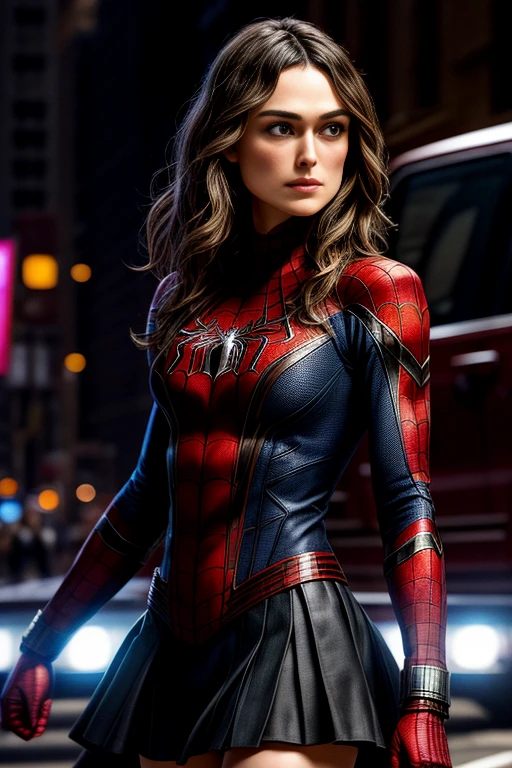 Keira Knightley、Marvel Comics Movie Poster, Very beautiful, Movies about Spiderman, sexy, whole body, I'm wearing a skirt、Premiere date, Poster、belly buttonを突き出す、new york、She's wearing a torn Spider-Man suit,The suit is torn、Wearing a skirt、 Red and black color scheme,dynamic、masterpiece、highest quality、Ultra-detailed、Very detailed、A delicate and beautiful shine、超A high resolution、Cinematic,Break,Breakdrop,(Torn clothes:1.5), (Wet clothes:1.4), Bare shoulders,Real Rain,Wet Hair,belly button、Exposing Skin、Showing off her sexy shoulders