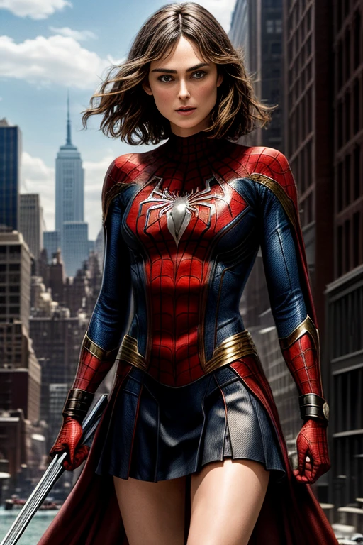 Keira Knightley、Marvel Comics Movie Poster, Very beautiful, Movies about Spiderman, sexy, whole body, I'm wearing a skirt、Premiere date, Poster、belly buttonを突き出す、new york、She&#39;s wearing a torn Spider-Man suit,The suit is torn、Wearing a skirt、 Red and black color scheme,dynamic、masterpiece、highest quality、Ultra-detailed、Very detailed、A delicate and beautiful shine、超A high resolution、Cinematic,Break,Breakdrop,(Torn clothes:1.5), (Wet clothes:1.4), Bare shoulders,Real Rain,Wet Hair,belly button、Exposing Skin、Showing off her sexy shoulders