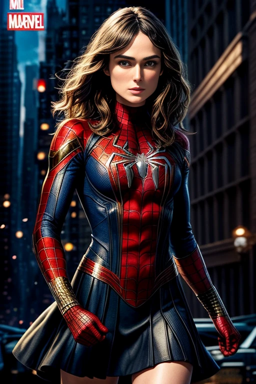 Keira Knightley、Marvel Comics Movie Poster, Very beautiful, Movies about Spiderman, sexy, whole body, I'm wearing a skirt、Premiere date, Poster、belly buttonを突き出す、new york、She's wearing a torn Spider-Man suit,The suit is torn、Wearing a skirt、 Red and black color scheme,dynamic、masterpiece、highest quality、Ultra-detailed、Very detailed、A delicate and beautiful shine、超A high resolution、Cinematic,Break,Breakdrop,(Torn clothes:1.5), (Wet clothes:1.4), Bare shoulders,Real Rain,Wet Hair,belly button、Exposing Skin、Showing off her sexy shoulders