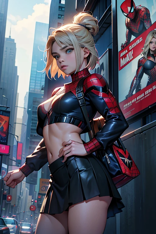 Chloe Grace Moretz、Marvel Comics Movie Poster, Very beautiful, Movies about Spiderman, sexy, whole body, I'm wearing a skirt、Premiere date, Poster、belly buttonを突き出す、new york、She's wearing a torn Spider-Man suit,The suit is torn、Wearing a skirt、 Red and black color scheme,dynamic、masterpiece、highest quality、Ultra-detailed、Very detailed、A delicate and beautiful shine、超A high resolution、Cinematic,Break,Breakdrop,(Torn clothes:1.5), (Wet clothes:1.4), Bare shoulders,Real Rain,Wet Hair,belly button、Exposing Skin、Showing off her sexy shoulders