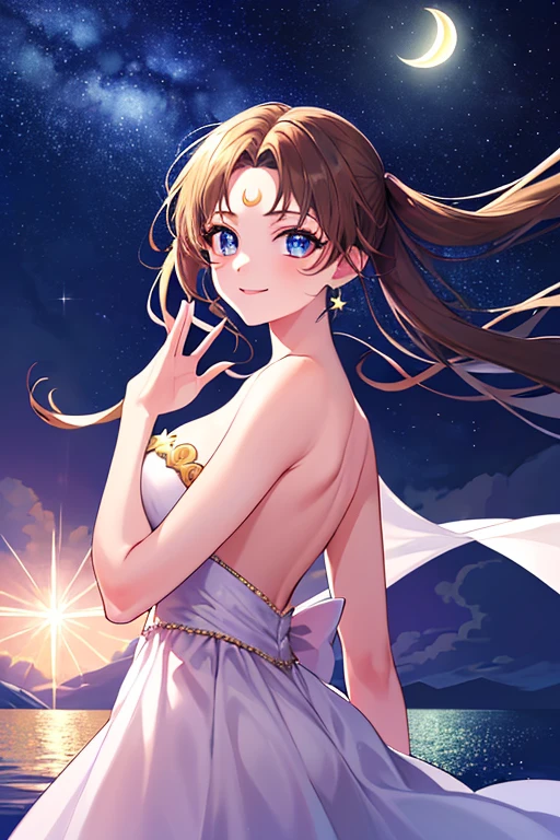 ((best quality)), ((highly detailed)), masterpiece, absurdres, (detailed eyes, deep eyes), (1girl), dynamic pose, long dark brown hair (to her back), smiling, Princess_white_strapless_dress_huge_back_bow_Golden_crescent_forehead_mark, (at a floating island, midnight, night sky, stars, moonlight, shooting star)